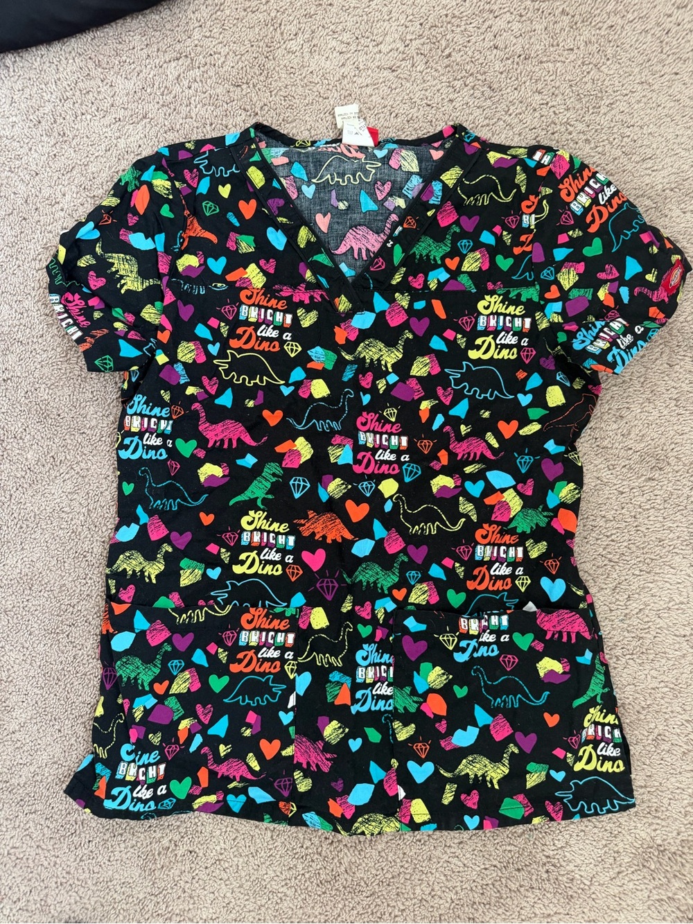 Black Multicolor Dino Print V-Neck Top